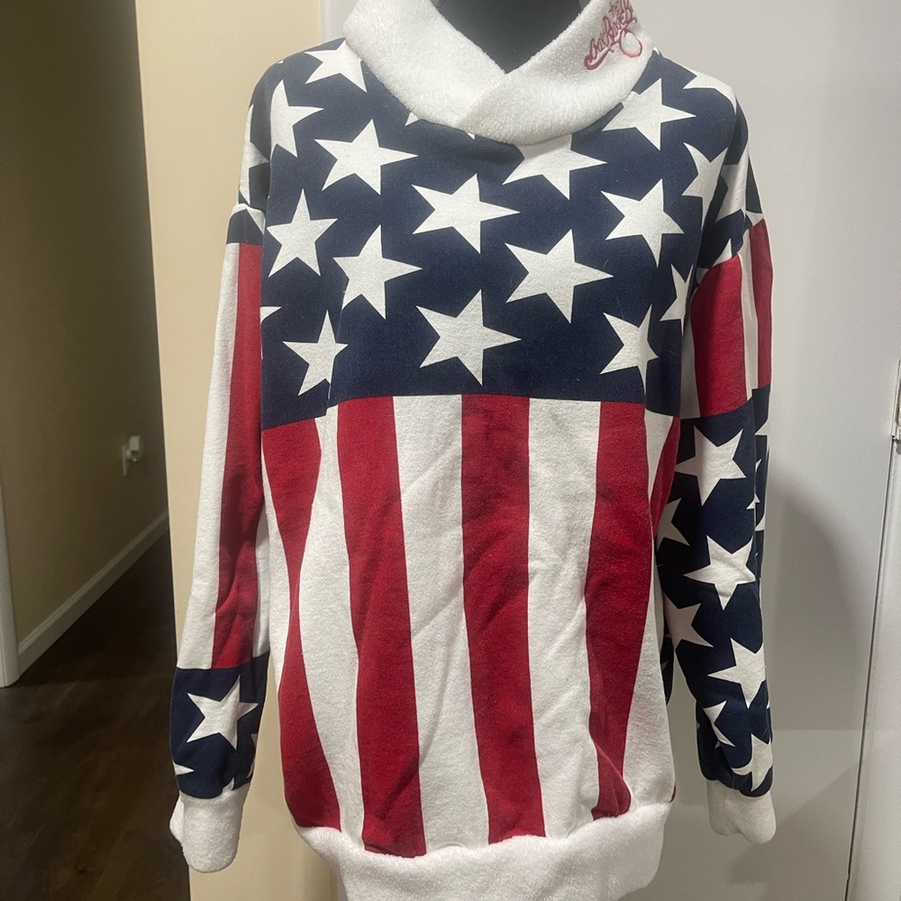 Red and White Cowl Neck Sweater with Bold Stripes